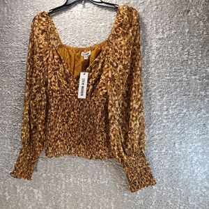 Steve Madden Smocked Long Sleeve Crop Top Large Mocha Brown Animal Print NWT
